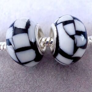 2 Pcs Black and White Checkerboard Mosaic European Bead Charms fits PANDORA
